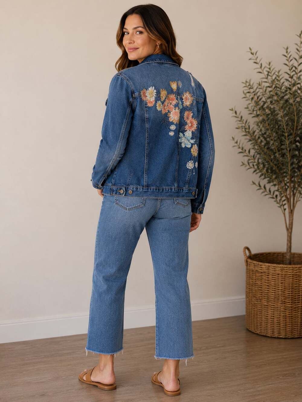 Jessica Simpson Distressed Denim Jacket with Floral Back Embroidery